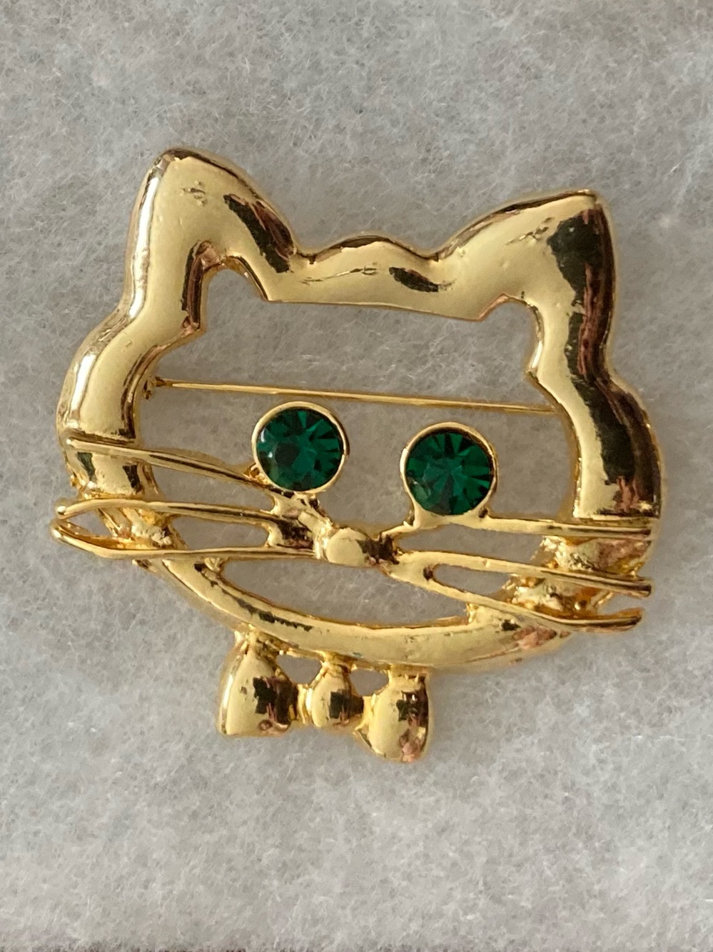 Gold Cat Face Pin Brooch with Green Rhinestones 2 inch